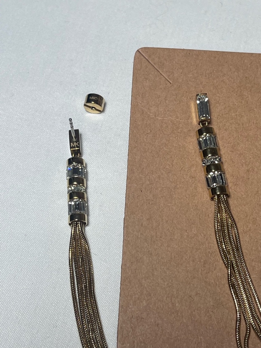 Michael Kors Gold Tassel Drop Earrings with Clear Crystal Baguettes - Picture 3 of 4